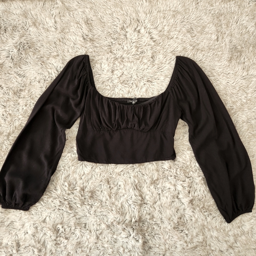 Kendall & Kylie Long Puff Sleeve Black Cropped Top Women's‎ Size Medium